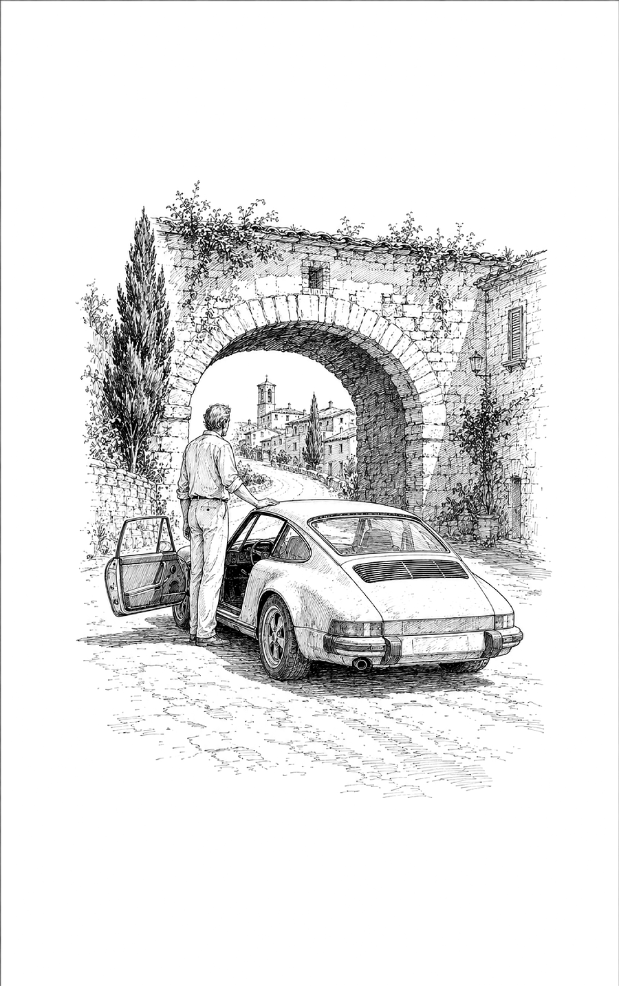 Lucas met de Porsche onder de poort